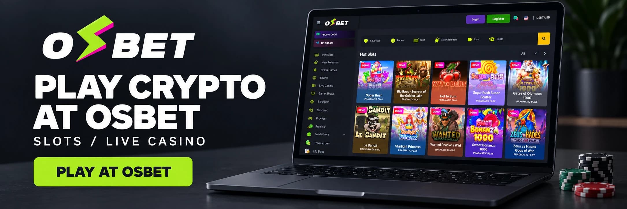 Play crypto games at OSbet — slots and live casino, with the OSbet game lobby shown on a laptop
